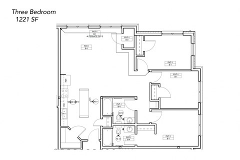 Floor plan for 3 beds, 2 baths, 1223 sqft